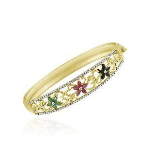 Gold Tone over Sterling Silver Ruby, Sapphire, Emerald & Diamond Accent Flower Bangle Bracelet Jewelry