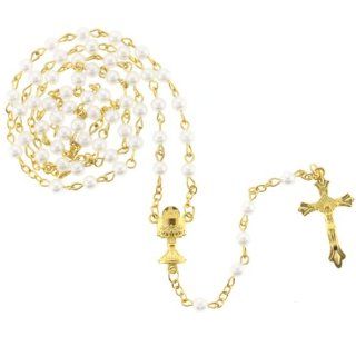 White 5mm Bead Rosary with Gold Color Links   First Communion Chalice Centerpiece   25'' Necklace Length, 18'' Overall   Protective Case Included Jewelry