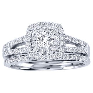 De Couer 10k White Gold 3/4ct TDW Diamond Double Halo Bridal Ring Set (H I, I2) De Couer Bridal Sets