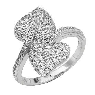 .925 Sterling Silver Micro Pave Cubic Zirconia Double Leaves Design Fashion Ring Band (Size 5 to 9) Jewelry