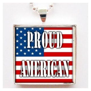 Proud American with Flag Background Glass Tile Pendant Necklace with Chain Jewelry