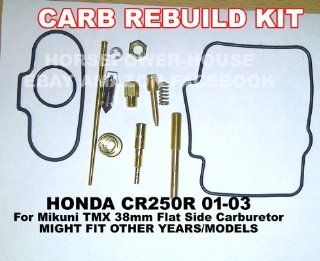 Carb Carburetor Rebuild Kit with Gasket Main Pilot Slow Jet Needle Idle Air Screw Spring and more for Mikuni TMX 38 38mm Flat Side MX Carb fits Honda CR250 CR250R 01 02 03 and Possibly Other Brands and Models with Similar Carb and Motor  Other Products  