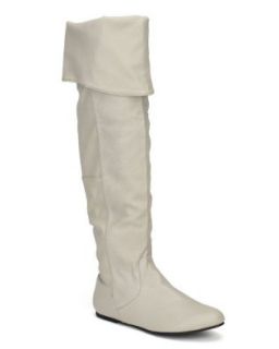 Qupid Proud 09 Leatherette Almond Toe Slouchy Thigh High Boot Side Zipper Fold Down Cuffs   Light Grey Shoes