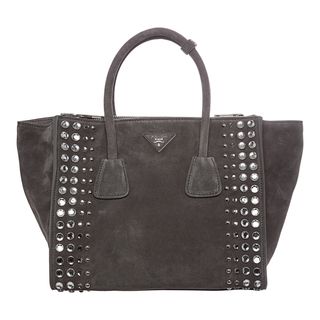 Prada Grey Studded Suede Twin Pocket Tote Prada Designer Handbags