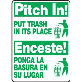 Accuform Signs SBMHSK903VP Plastic Spanish Bilingual Sign, Legend "PITCH IN PUT TRASH IN ITS PLACE/ENCESTE PONGA LA BASURA EN SU LUGAR" with Graphic, 14" Length x 10" Width x 0.055" Thickness, Green on White Industrial Warning S