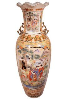 36" High Rustic Chinese Porcelain Satsuma Temple Vase. Gold Glaze on White Background with Asian Landscape Pattern  Decorative Vases  Patio, Lawn & Garden