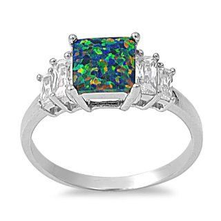 Five Stone Square Cut Fire Lab Opal and Crystal Clear CZ Ring in Sterling Silver NakedJewelryLA Jewelry