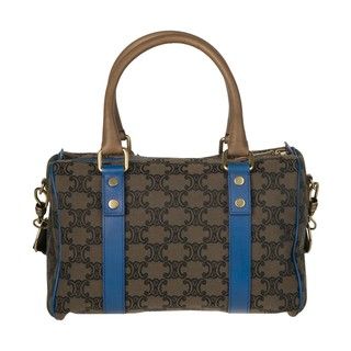 Celine Dark Brown Canvas/Royal Blue Leather Bowler Bag Celine Designer Handbags