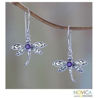 Sterling Silver 'Enchanted Dragonfly' Amethyst Earrings (Indonesia) Novica Earrings