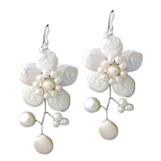 Sterling Silver 'Lace Sakura' White Pearl Flower Earrings (Thailand) Earrings
