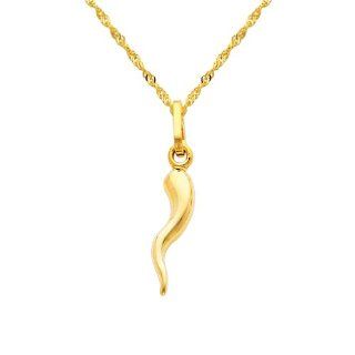 14K Yellow Gold Small Cornicello Italian Horn Charm Pendant with Yellow Gold 1.2mm Singapore Chain with Spring Ring Clasp   16" Inches   Pendant Necklace Combination Goldenmine Jewelry