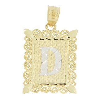 14k Yellow Gold White Rhodium, Initial Letter D Pendant Charm Sparkly Classic and Fancy Filigree Design Jewelry