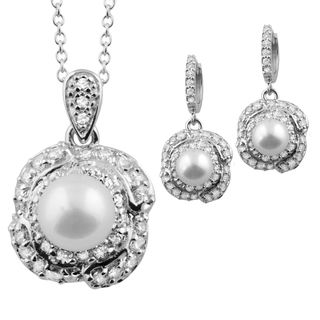 Sterling Silver White Freshwater Pearl and Cubic Zirconia Necklace and Butterfly Earrings Set Jewelry Sets