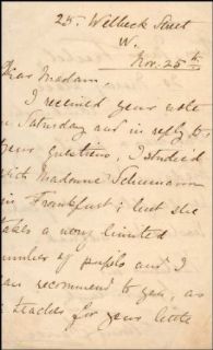 [Schumann, Clara. (1819 1896)] Davies, Fanny. (1861   1934). Autograph Letter regarding lessons with Clara Schumann. Entertainment Collectibles