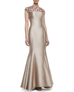 Womens Cap Sleeve Beaded Neck Gown   Kay Unger New York   Champagne (10)