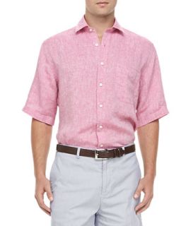 Mens Linen Short Sleeve Shirt, Pink   Peter Millar   Geranium (SMALL)