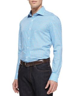 Mens Cotton Linen Blend Check Shirt, Turquoise   Isaia   Turquoise (43)