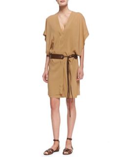 Womens Draped Dress with Grommeted Leather Tie Belt, Musk   Donna Karan   Musk