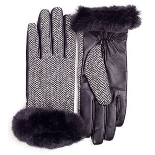 Isotoner Black herringbone faux fur cuff gloves with leather palm