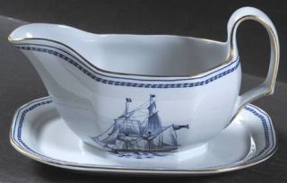 Spode Trade Winds Blue Gravy Boat with Attached Underplate, Fine China Dinnerwar
