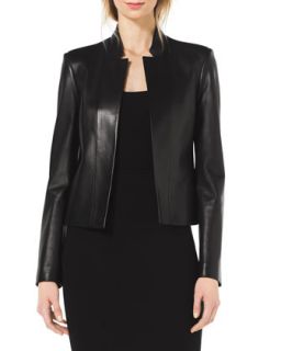 Womens Stand Collar Leather Jacket   Michael Kors   Black (4)
