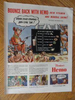 Borden's Hemo, Vintage 40's full page print ad. Color Illustration (Bounce back with Hemo says Elsie the Borden cow/beach)Original vintage 1942 Collier's Magazine Print Art.  