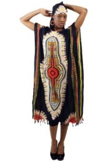 Traditional African Print Variation Rayon Caftan Kaftan with Matching Headwrap   Available in Several Fashion Colors (Black) Clothing
