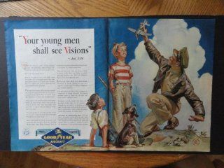 Goodyear Aircraft. 40's print ad. 20 1/2" x 14" [2 full page centerfold] Color Illustration ("Your young men shall see Visions" Joel 228/airman, 2 boys and dog.) Original Vintage 1943 Collier's Magazine Print Art.  Everything 