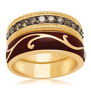 18k Yellow Gold Plated Sterling Silver Champagne Diamond Enamel Stack Ring (1/2 cttw), Size 7 Jewelry