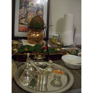 Silver Puja Thali for Hindu Temple Rituals Set of 9 Shiva, Ganesh, Laxmi, Kal  Indian Puja Items
