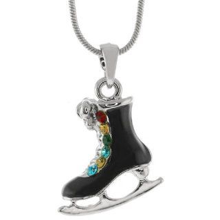 Blade Ice Skate Shoe With Multi Color Crystal Silver Pendant and 16" Snake Chain Jewelry