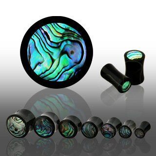 Natural Buffalo Horn Double Flare Plugs with Abalone Shell Inlay   2G (6.5mm)   Sold as a Pair Body Piercing Plugs Jewelry