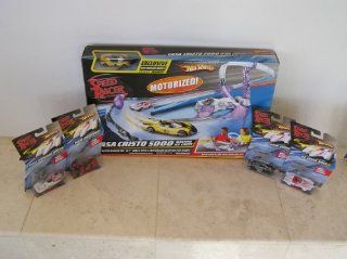 Speed Racer Casa Cristo Hot Wheels Race Track Set with 4 Extra Speed Racer Hotwheels. The 4 extra cars are the Mach 6, Taejo Togokhan, Gray Ghost & Ice Caves Mach 5 with white wheels. Casa Cristo set also includes the exclusive Race Wrecked Racer X car