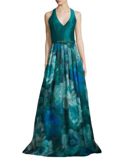 Theia Sleeveless T Back Floral Print Gown, Peacock