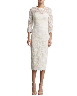 St. John Collection Romantic Floral Lace Jewel Neck 3/4 Sleeve Dress with Scallops