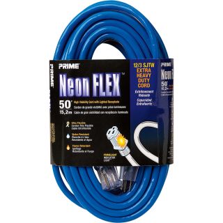 Prime Wire & Cable Neon Extension Cord — 50Ft., 12/3 Gauge, Blue, Model# NS514830