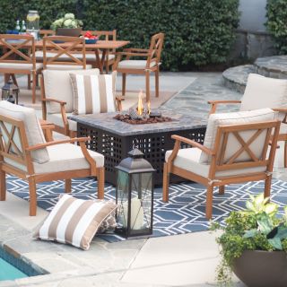 Belham Living Brighton Outdoor Wood Chat Set with Handcrafted Tile Gas Fire Pit   Seats 4