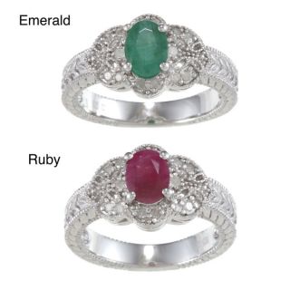 Viducci Sterling Silver Vintage Style Ruby, Emerald and Diamond Ring
