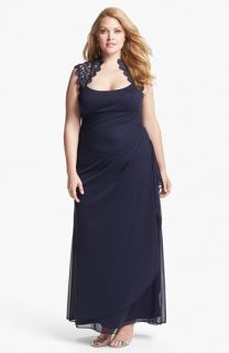 Xscape Lace Yoke Mesh Gown (Plus Size)