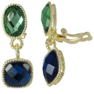 Goldtone Multi colored Faceted Glass Oval and Square Dangling Clip on