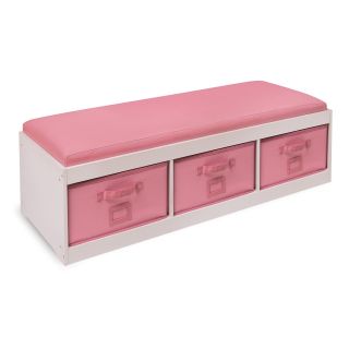 Badger Basket Kids Storage Bench with Cushion & 3 Bins   White/Pink   Toy Storage