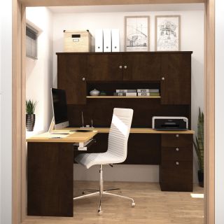 Bestar Manhattan L Shaped Workstation with Hutch   Secret Maple / Chocolate   Desks