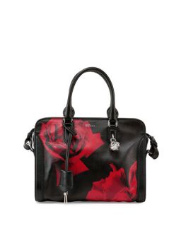 Alexander McQueen Small Rose Print Padlock Satchel Bag, Black/Red