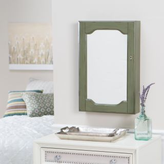 Distressed Wall Mount Mirrored Locking Jewelry Armoire   Green
