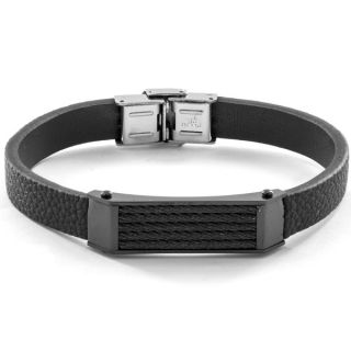 Mens Black Leather and Stainless Steel Cable Inlayed ID Plate