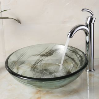 Elite New Tempered Bathroom Black Swirl Glass Vessel Sink With Faucet