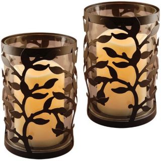 Lumabase Vine Round Metal Lantern with LED Candle   Set of 2   Candle Holders & Candles