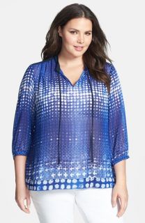 Two by Vince Camuto Diffuse Dots Tie Neck Blouse (Plus Size)
