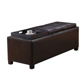 Adeco Brown Bonded Leather Storage Ottoman with 3 Serving Trays