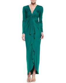 Catherine Malandrino Long Sleeve Cascade Front Silk Gown